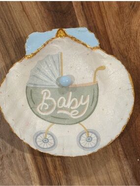 Baby Carriage Decorative  Seashell Trinket Dish - Light Blue and Sage
